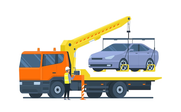 The driver of the tow truck is loading the car Vector illustration