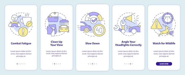 Driving safety at night onboarding mobile app screen