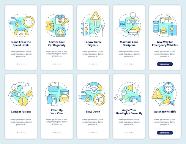 Driving safety onboarding mobile app screen set