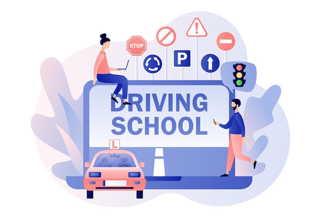 Vector driving school driver license tiny people studying in drive lesson and passing exams online