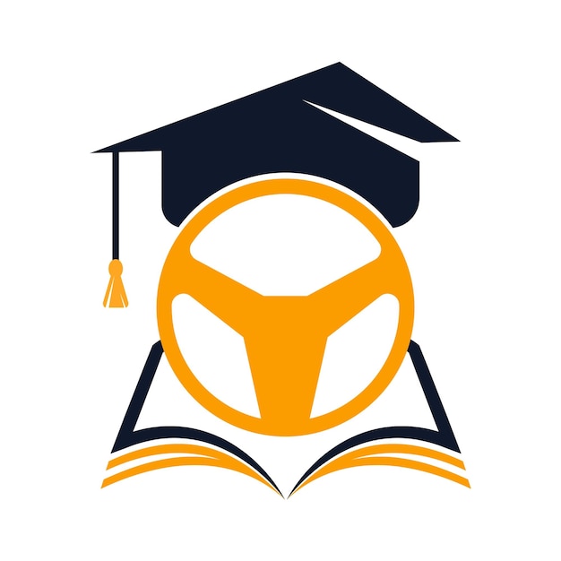 Driving school Logo Template Design Steering wheel with graduation cap and book icon