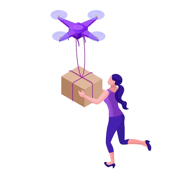 Drone delivering parcel to hipster girl