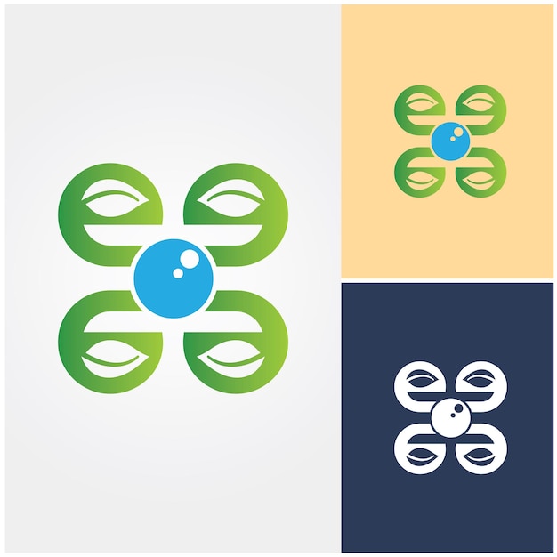 A drone logo with a green circle and a blue circle with a leaf that says drone.