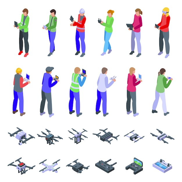 Vector drone operator icons set isometric vector remote control