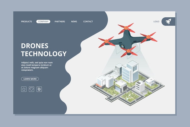 Vector drones technology. landing smart city isometric flying digital camera urban landscape web layout.