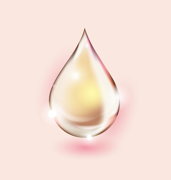 A drop of rose water, perfume, lotion. Transparent Rosava falling drop. Vector template.