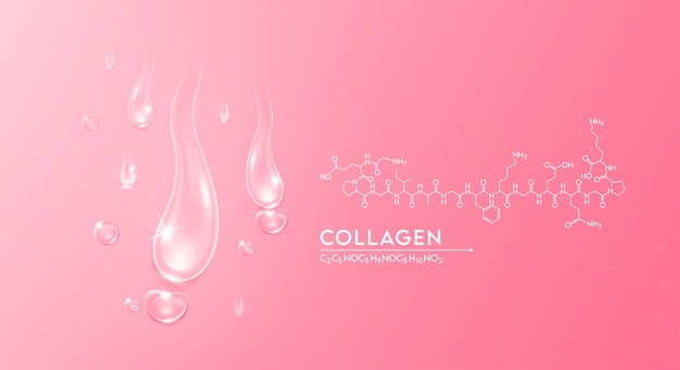 Drop water collagen pink and structure. Vitamin solution complex with chemical formula from nature.