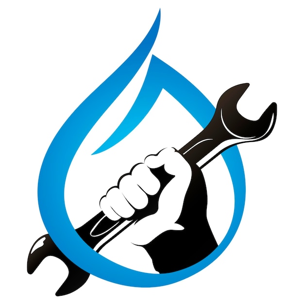 Drop of water and wrench in hand symbol for plumbing repair