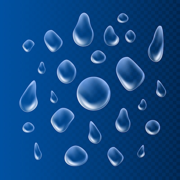 Drops. Liquid clear droplet. Dew on glass surface.  on blue background