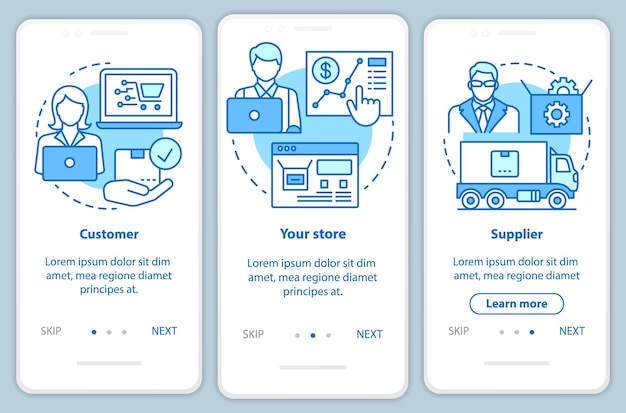 Dropshipping process blue onboarding mobile app page screen with linear concepts. Customer, your store, supplier walkthrough steps graphic instructions. UX, UI, GUI vector template with illustrations