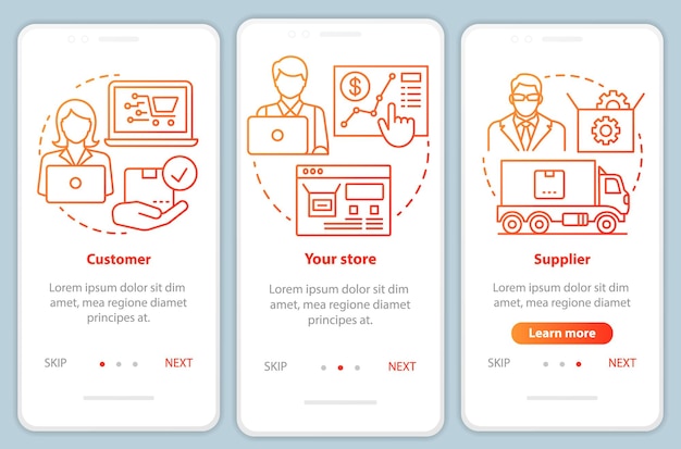 Dropshipping process red onboarding mobile app page screen vector template