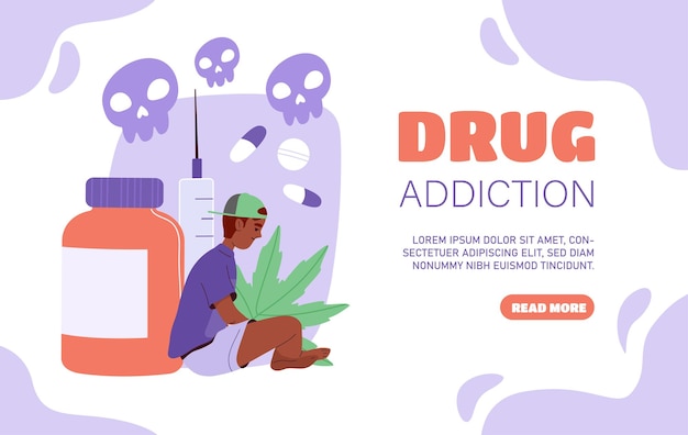 Vector drug addiction poster wellbeing and relaxation man with syringe and pills in bottle pharmacy and medicines mental disorder landing page design cartoon flat vector illustration