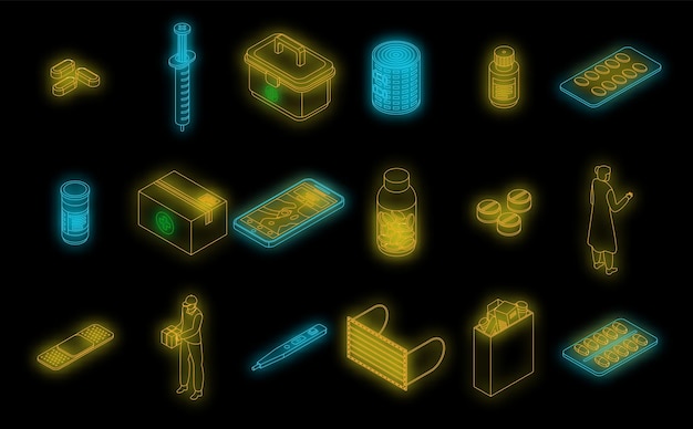 Drug delivery icons set vector neon