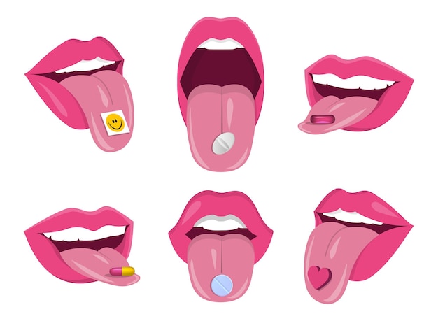 Drug on tongue Acid pills lSD dose Sexy woman mouth with teeth Girl lips set Medicine and health care Narcotic addiction Ecstasy medication Vector cartoon current illustration