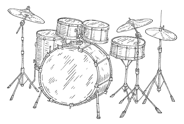 Drum kit set Vintage black engraving illustration