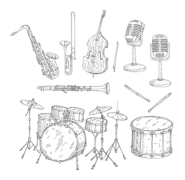 Drum kit set Vintage black engraving illustration