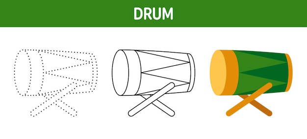 Drum tracing and coloring worksheet for kids