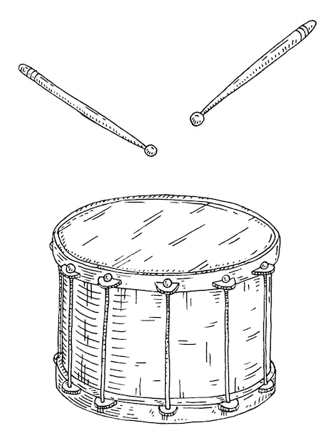 Drum with sticks Vintage black engraving illustration