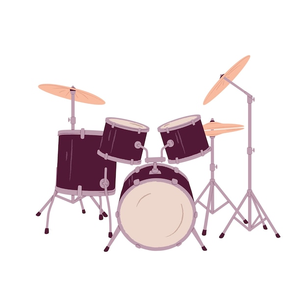 Drumkit with cymbals and toms Drum kit equipment Percussion and rhythm music instrument Flat vector illustration isolated on white background