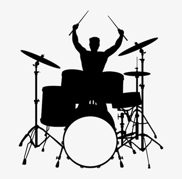 Drummer Silhouette, Acoustic Drum Kit Silhouette, Trap Set Percussion musical instrument