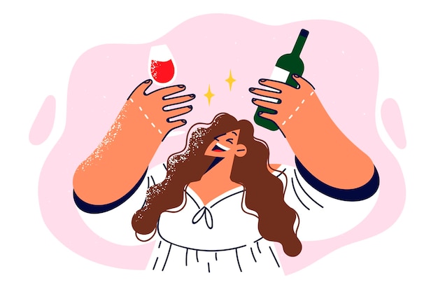 Drunk girl holding bottle of red wine and glass offering to drink during birthday party