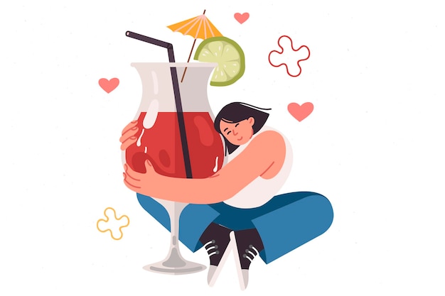 Vector drunk woman hugs large glass with alcoholic cocktail feeling dependent on drinks containing alcohol