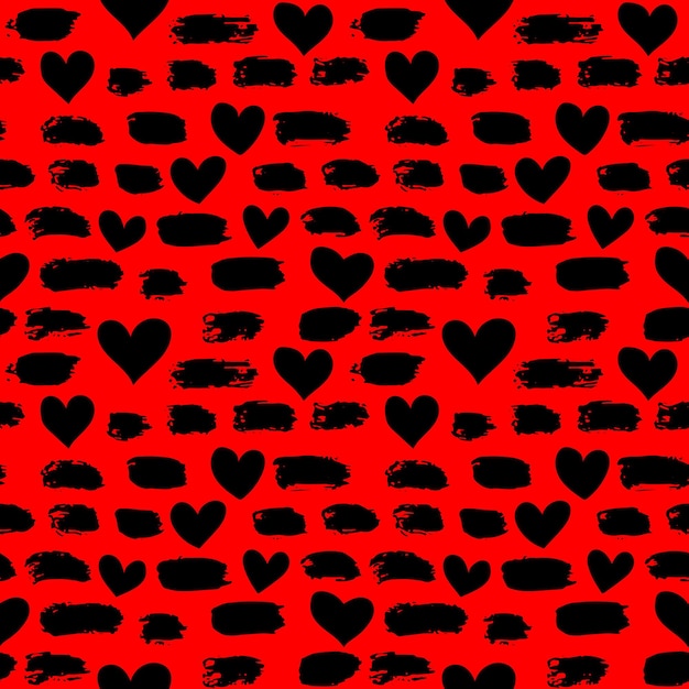 Dry brush strokes and hearts seamless pattern hand drawn artwork abstract vector background