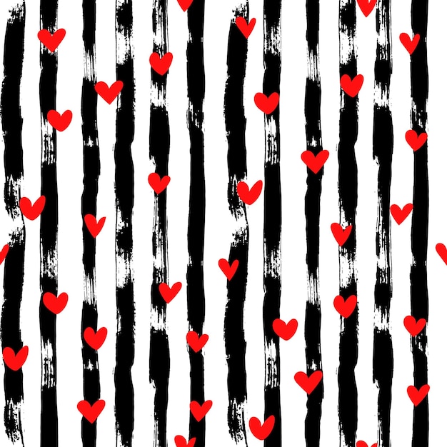 Dry brush strokes and hearts seamless pattern hand drawn artwork abstract vector background