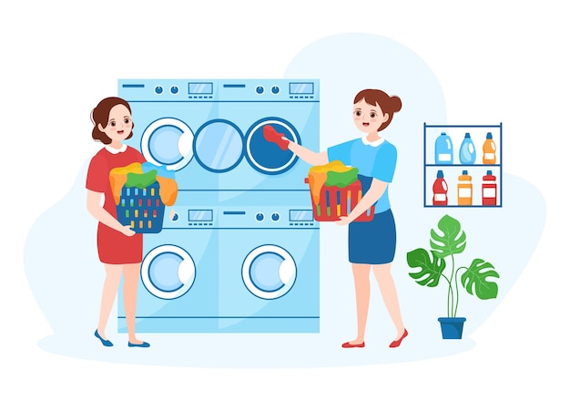 Dry Cleaning Store Service with Washing Machines and Laundry for Clean Clothing in Flat Illustration