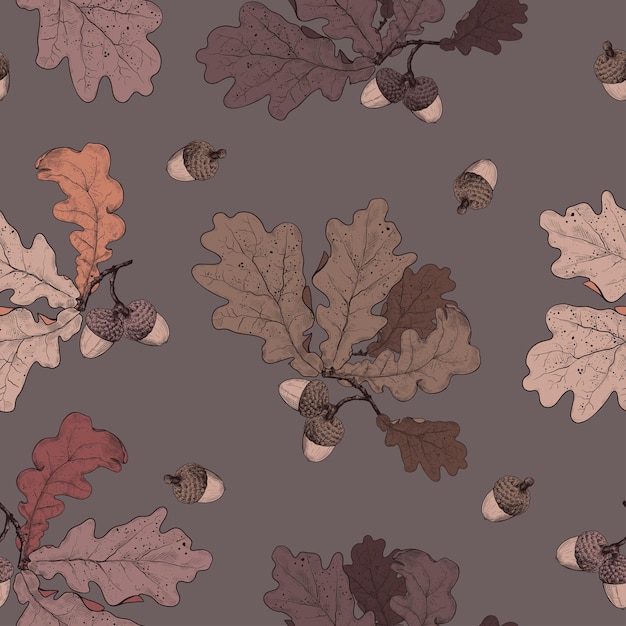 Dry oak leaves and acorns. Hand drawn seamless pattern. Autumn collection. Vector illustration