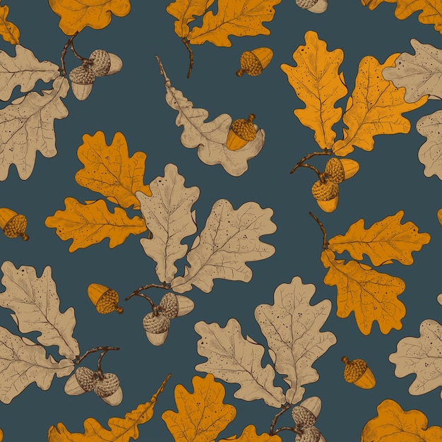 Dry oak leaves and acorns Seamless pattern Autumn collection Vector illustration