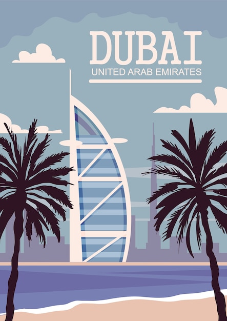 Dubai city retro poster with a palm beach