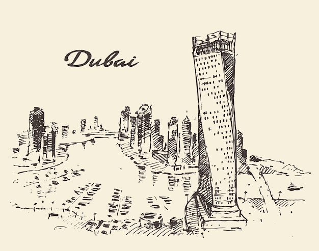 Dubai City skyline detailed silhouette. Hand drawn, engraved vector illustration