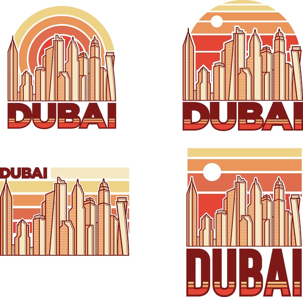 Vector dubai city skyline sunset retro vector design