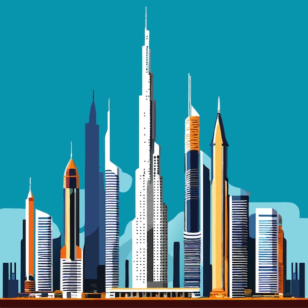 Dubai city skyscrapers flat cartoon style illustration