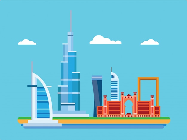 Vector dubai city in united arab emirates with famous landmarks in flat illustration