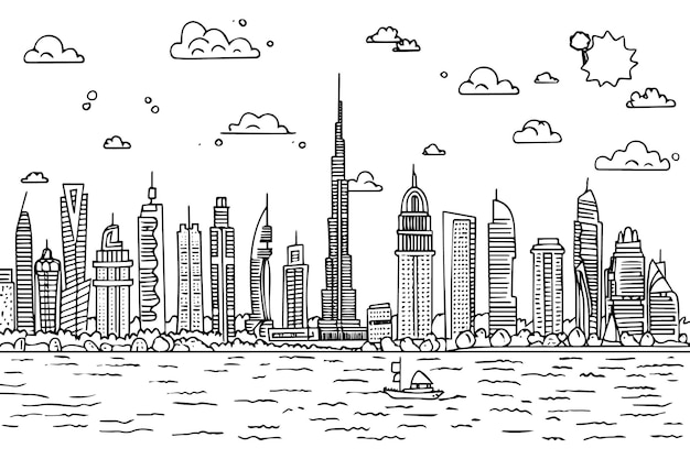 Dubai skyline monoline design with iconic buildings and waterfro