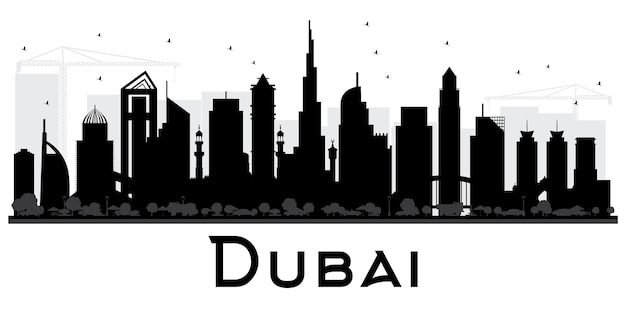 Dubai UAE City skyline black and white silhouette. Vector illustration. Simple flat concept for tourism presentation, banner or web site. Business travel concept. Cityscape with landmarks.