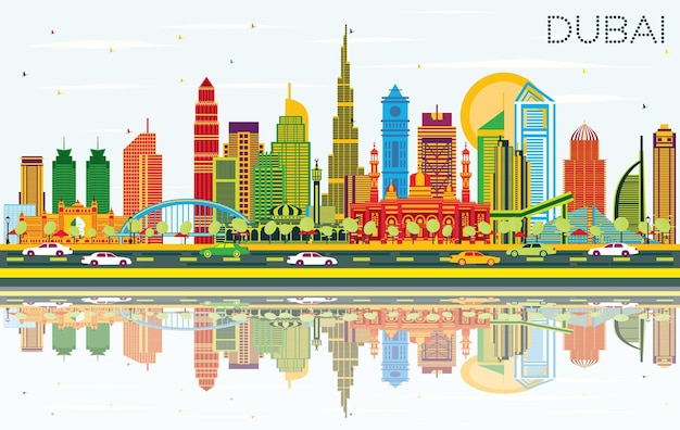 Dubai UAE City Skyline with Color Buildings, Blue Sky and Reflections. Vector Illustration. Business Travel and Tourism Concept with Modern Architecture. Dubai Cityscape with Landmarks.