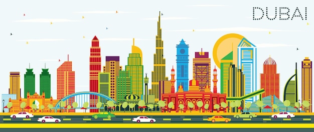 Dubai UAE City Skyline with Color Buildings and Blue Sky. Vector Illustration. Business Travel and Tourism Concept with Modern Architecture. Dubai Cityscape with Landmarks.