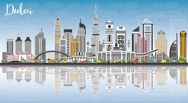 Dubai UAE Skyline with Gray Buildings Blue Sky and Reflections Vector Illustration