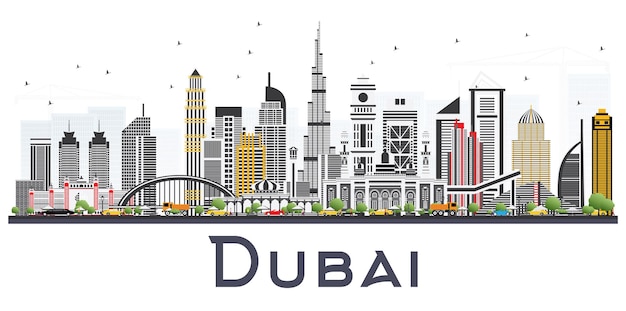 Dubai UAE Skyline with Gray Buildings Isolated on White Background. Vector Illustration. Business Travel and Tourism Illustration with Modern Architecture.