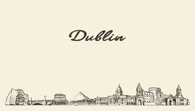 Dublin skyline, Ireland, hand drawn vector illustration, sketch