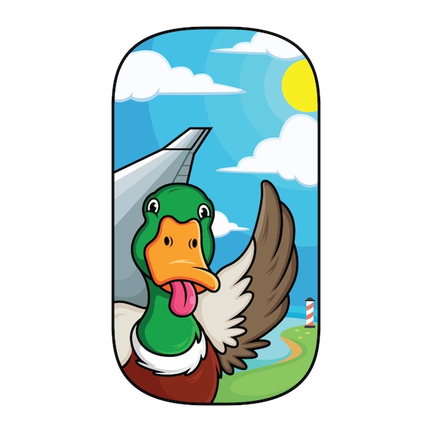 Duck cartoons are on the plane window with funny expressions