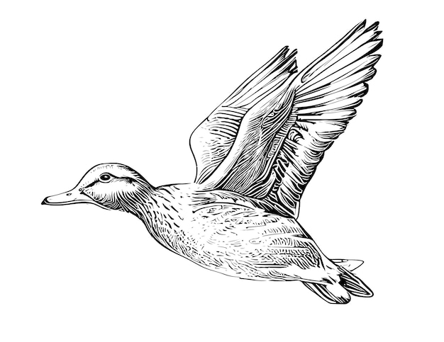 Duck flying hand drawn sketch engraving style vector illustration.