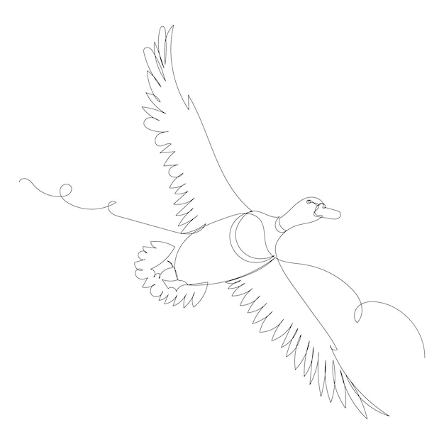 Duck flying one line drawing outline vector