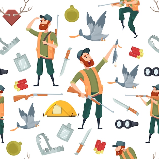 Duck hunters pattern. Seamless background with cartoon pictures and symbols of hunting.