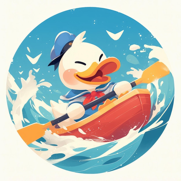 A duck is rowing a boat cartoon style