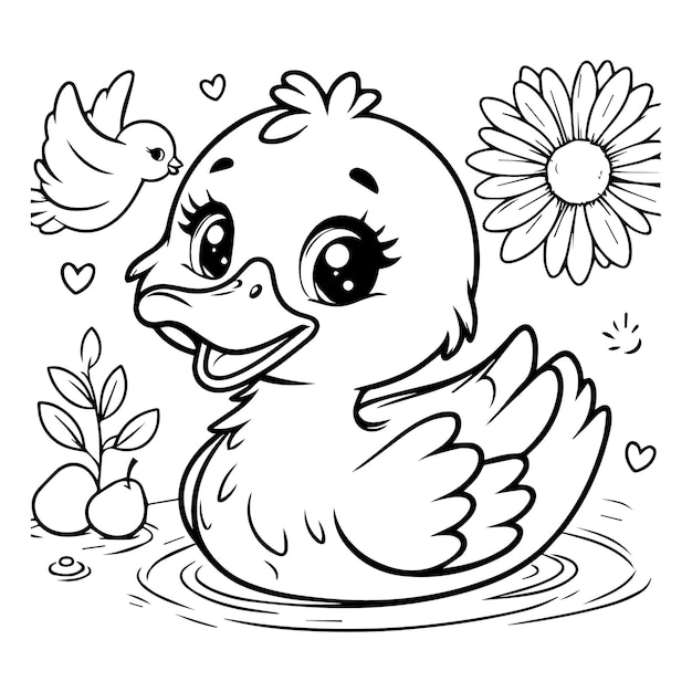 Vector a duck with wings in the water with flowers and a flower in the background