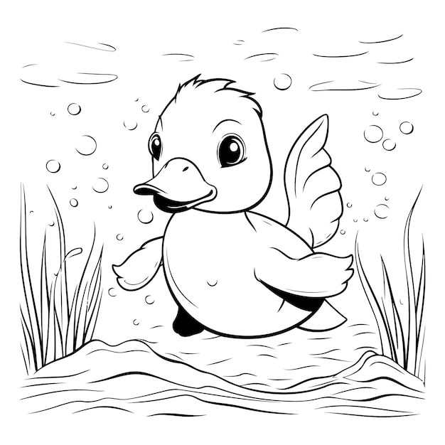 Duckling swimming in the lake Black and white vector illustration